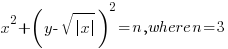 {x^2+(y-sqrt{delim{|}x{|}})^2=n, where n=3}